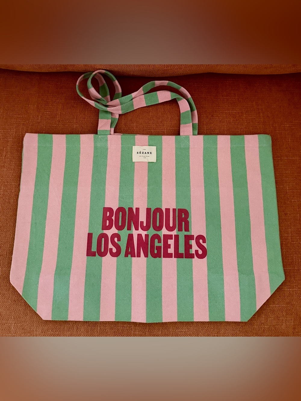 Sézane Bonjour Los Angeles Pink Green Striped Canvas Tote Bag